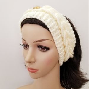 New Handmade Knit Winter Braided Women's Headband. Ivory.